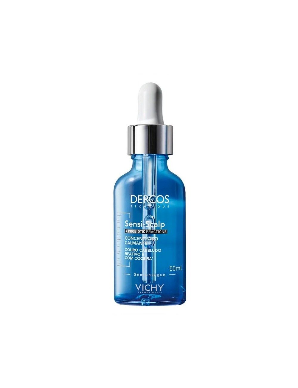 O produto apresentado é um sérum para cuidados do couro cabeludo da linha Dercos da Vichy, com 50ml. A embalagem é de vidro azul, com um conta-gotas prateado, destacando sua estética elegante. Scalp care