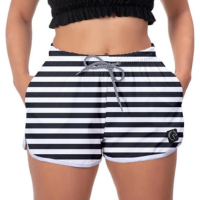 Short Praia Premium Feminino Listrado Preto e Branco Estampado Academia Cam