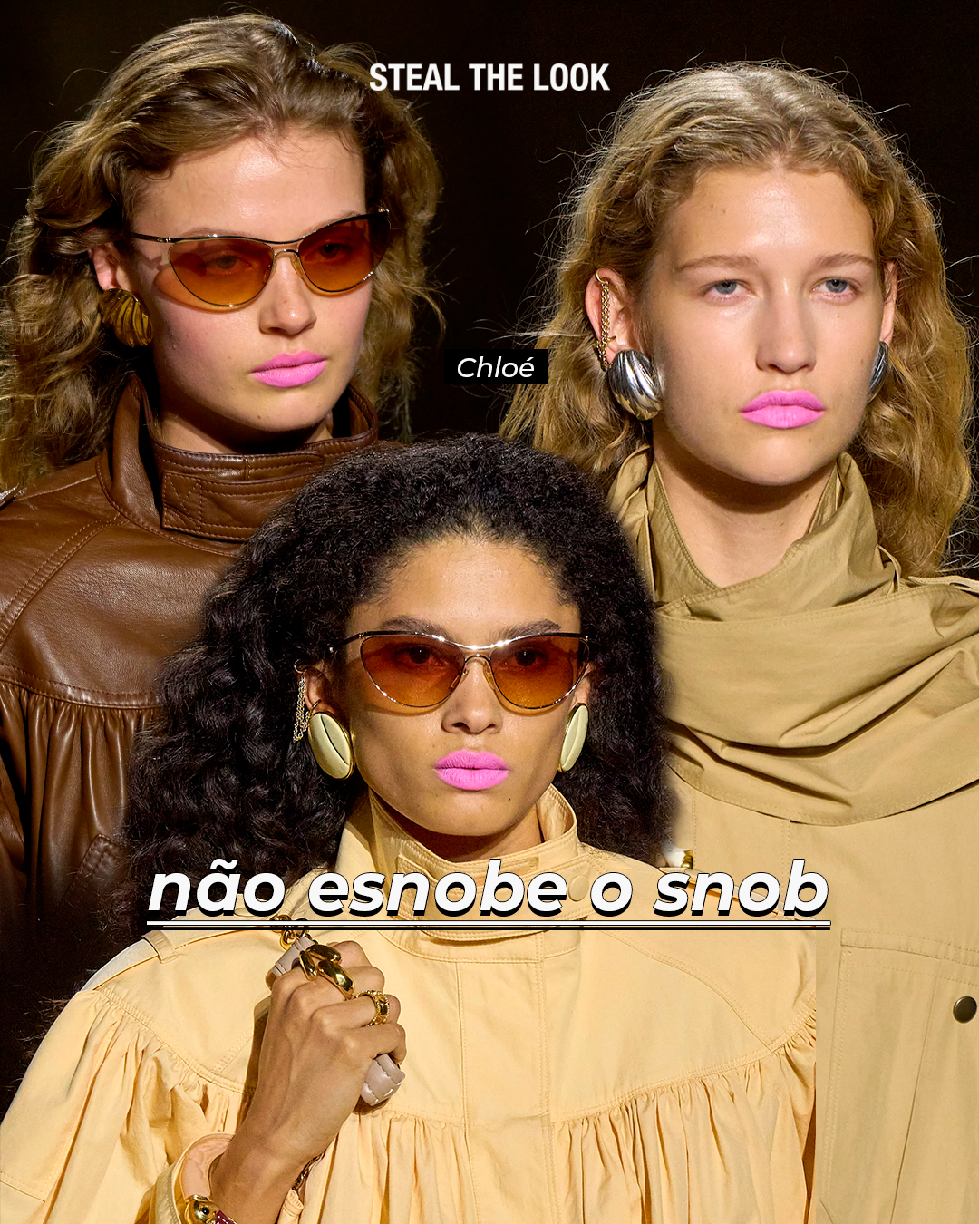 Modelo com batom rosa vibrante e roupa bege, destacando tendências de beleza da semana de moda de Paris.