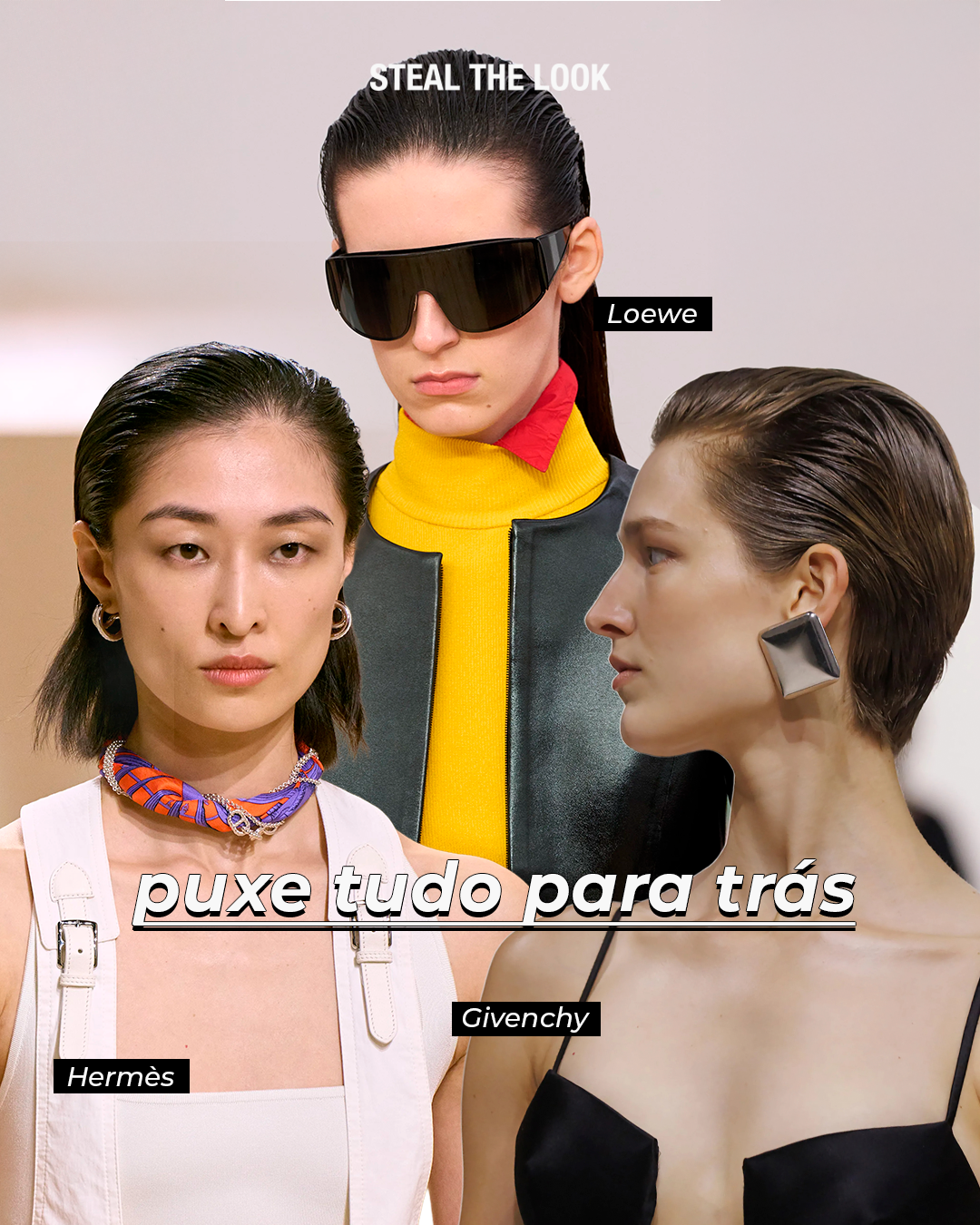 Penteados com cabelo penteado para trás em desfiles de Hermès, Loewe e Givenchy, destacando tendências de beleza da moda parisiense.