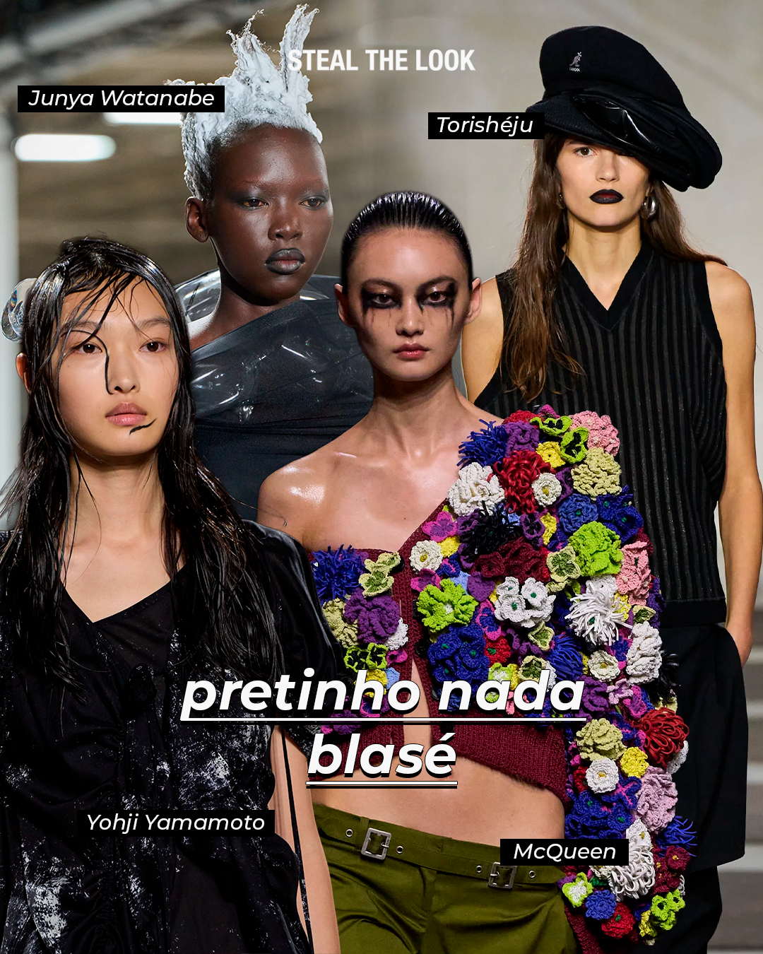 Modelos na passarela exibem looks ousados e maquiagens dramáticas, destacando tendências de beleza da semana de moda de Paris.