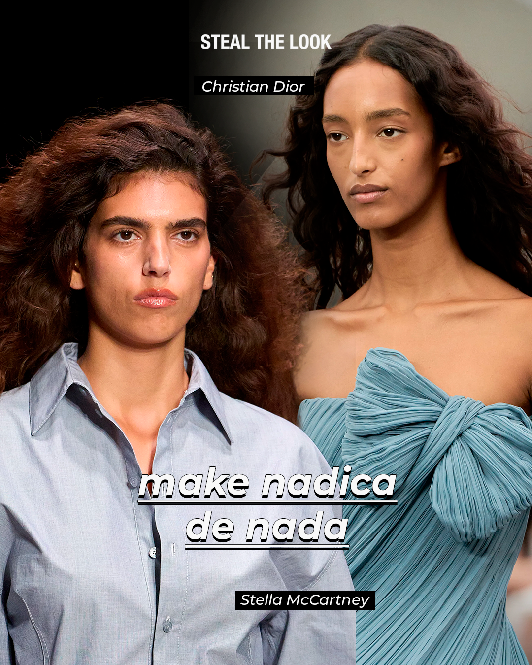 Duas modelos desfilam tendências de beleza minimalista na semana de moda de Paris, com foco em pele natural e cabelos soltos.