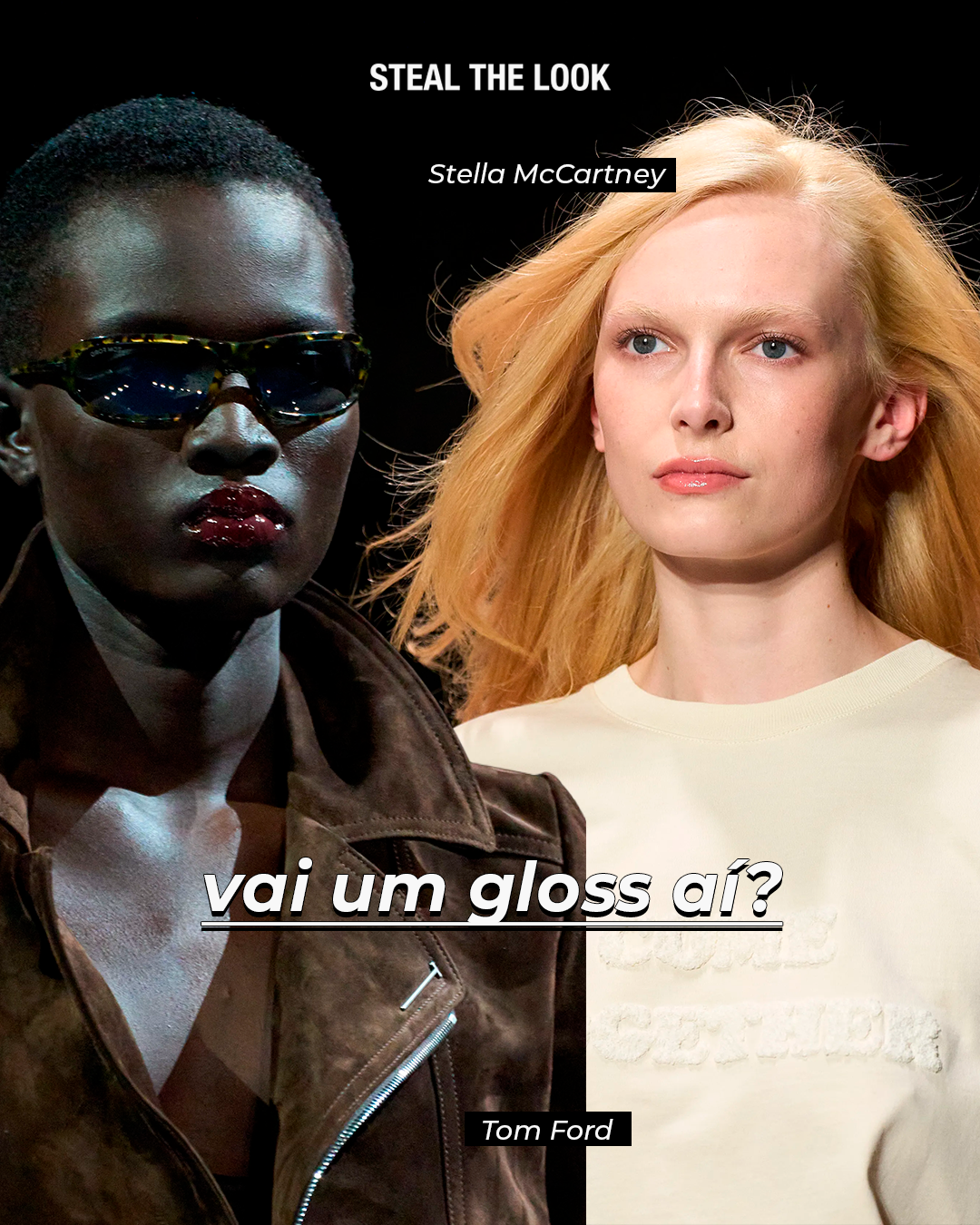 Modelos desfilam na Semana de Moda de Paris, destacando gloss labial e óculos escuros como tendências de beleza.