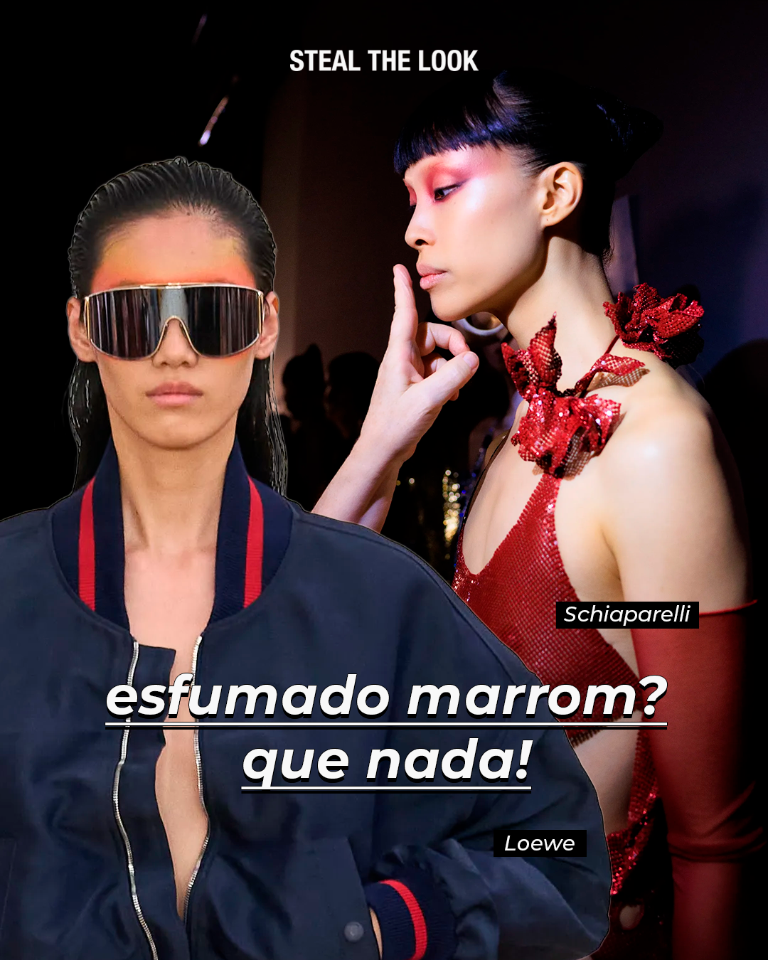 Modelos com maquiagem ousada e looks vibrantes de Loewe e Schiaparelli na semana de moda de Paris.