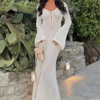 Vestido Longo de Crochê Oco para Férias na Praia