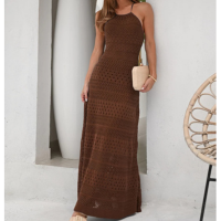 Vestido feminino de tricot costa aberta longuete crochê modal festa