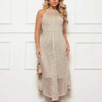 Vestido Feminino midi de bico rendado tricô crochê forrado linha premium fe