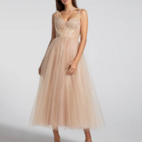 Vestido Midi em Tule com Paetês e Laços nos Ombros