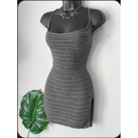 Vestido Mini com Fenda Feito à mão de Crochê - Tendência Moda Praia Verão R