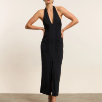 Vestido New Midi Frente Única com Franzido e Fenda Preto