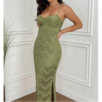 Vestido Tricot Forrado Verão Midi Tricô Crochê