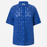 Camisa Alongada em Tricô com Mix de Pontos e Vazados Azul