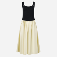 Vestido Hi-Lo com Busto Canelado e Saia Rodada Preto/Off White