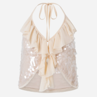 Blusa Frente Única em Poliamida com Paetês e Babados Rosa