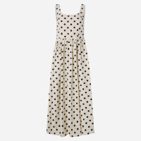 Vestido Midi Evasê em Tricoline Poá com Lastex nas Costas Bege