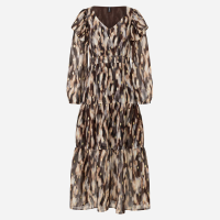 Vestido New Midi em Chiffon com Babado e Estampa Manchadinha Preto