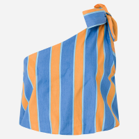 Blusa Cropped Listrada em Tricoline com Laço no Ombro Só Azul/Laranja