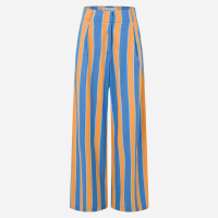 Calça Reta Cintura Alta em Tricoline com Listras Verticais Azul/Laranja