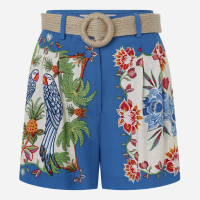 Short Evasê Com Cintura Alta Cinto Efeito Palha e Estampa Tropical Azul