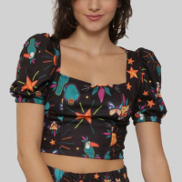Blusa Cropped Feminina Estampada Manga Bufante Preta