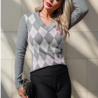 Blusa Feminina Suéter Escocesa Xadrez Tricot Gola V