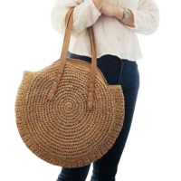 Bolsa De Palha Redonda Praia Grande Na Moda Atual - Marrom