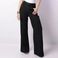 Calça Jeans Feminina Wide Leg Com Bolsos Preta