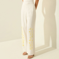 Calça Reta Bordada Com Cintura Alta E Linho