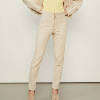 Calça Skinny De Malha Estruturada Bege Recorte Nervura