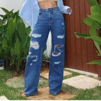 Consciência - Calca Jeans Wide Leg Feminina Cintura Alta Destroyed Azul