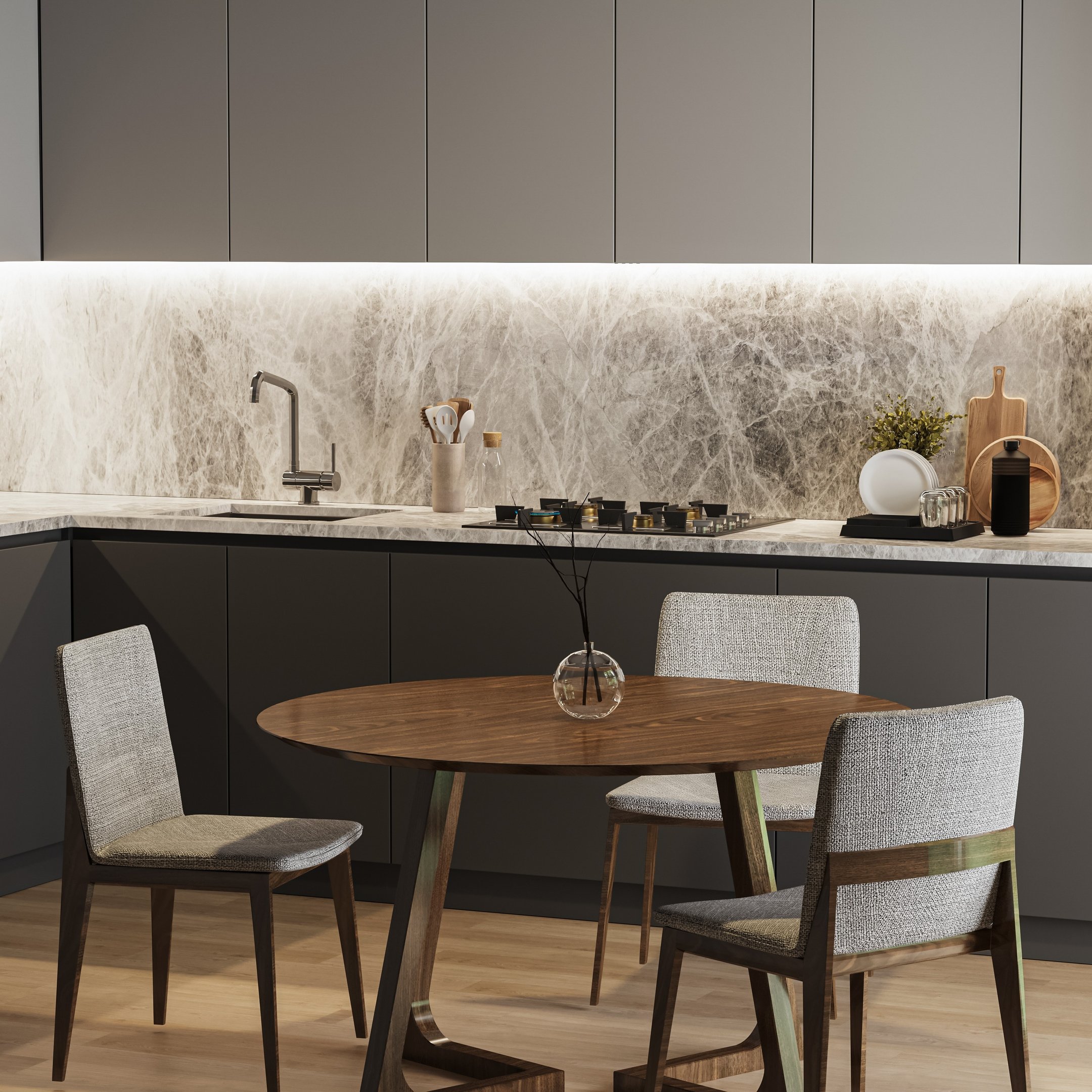 A decoração em 2026 apresenta um estilo contemporâneo e minimalista, com uma cozinha que combina armários escuros e uma bancada de mármore claro. O destaque vai para a iluminação suave, que valoriza a textura do mármore.