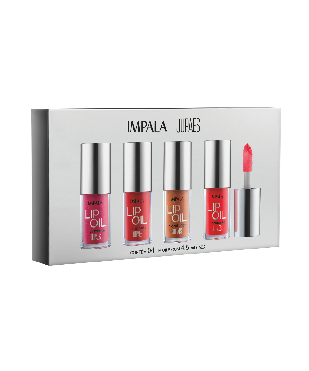 Kit IMPALA COM JULIANA PAES com quatro lip oils hidratantes em tons vibrantes rosa, vermelho e nude, embalagem branca