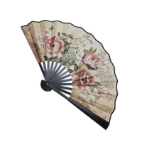 Leque De Mão Tecido Estampa Floral Aberto 47cm