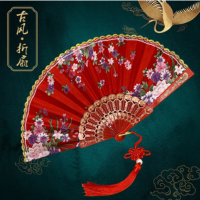 Leque dobrável clássico feminino de renda de seda