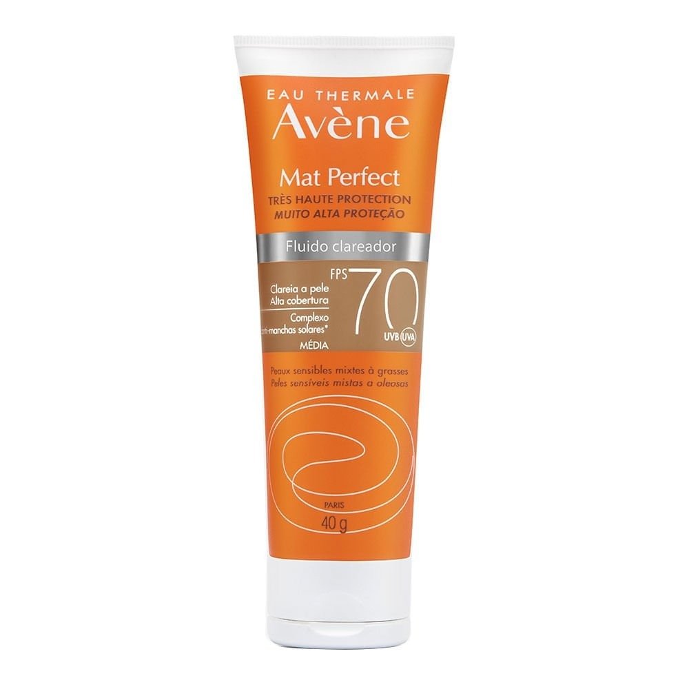 Protetor solar com cor Avène Mat Perfect FPS 70 em embalagem laranja e branca, ideal para peles mistas a oleosas, alta