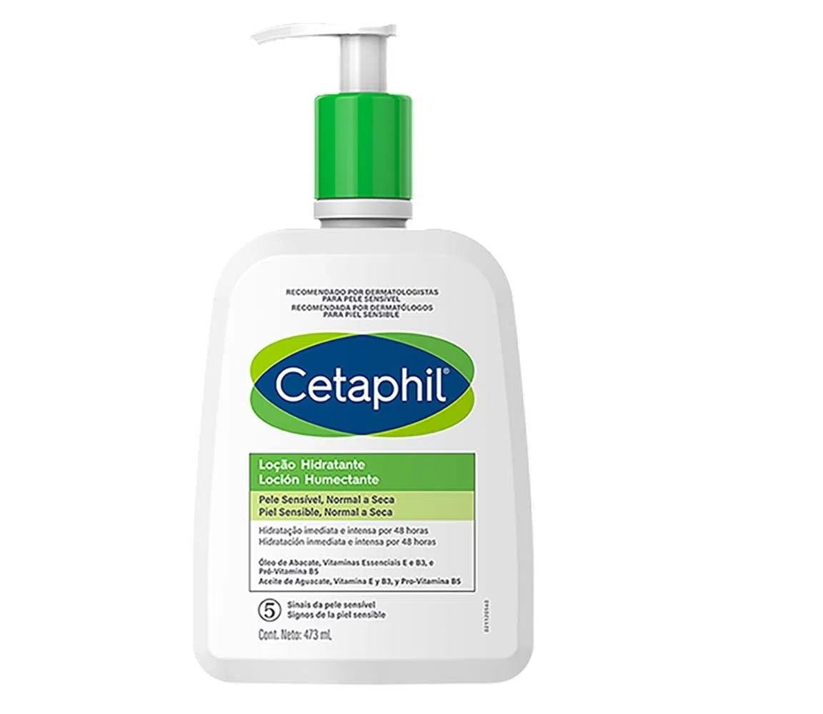 Loção hidratante Cetaphil com embalagem branca e tampa verde, indicada para pele sensível, normal a seca, com hidratação