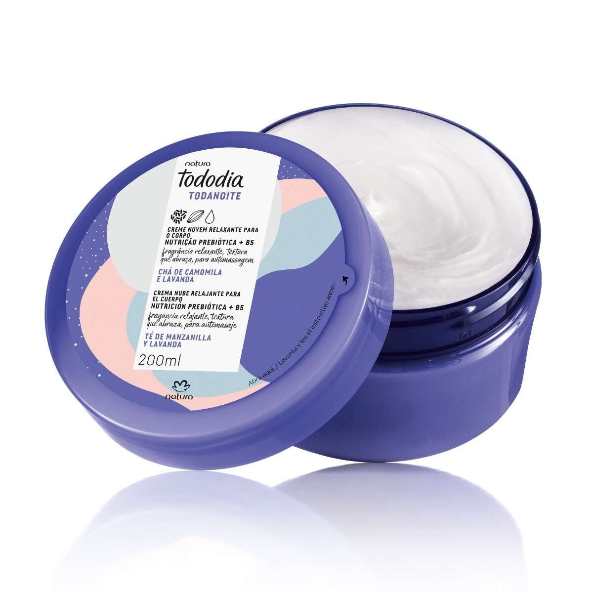 Hidratantes corporais em pote roxo com tampa colorida, textura cremosa branca e design suave que sugere relaxamento e