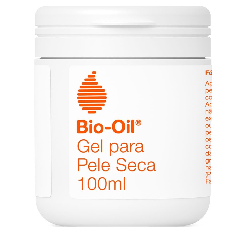 Pote branco com rótulo laranja do hidratante corporal Bio-Oil Gel para Pele Seca 100ml, ideal para cuidado intenso da pele.