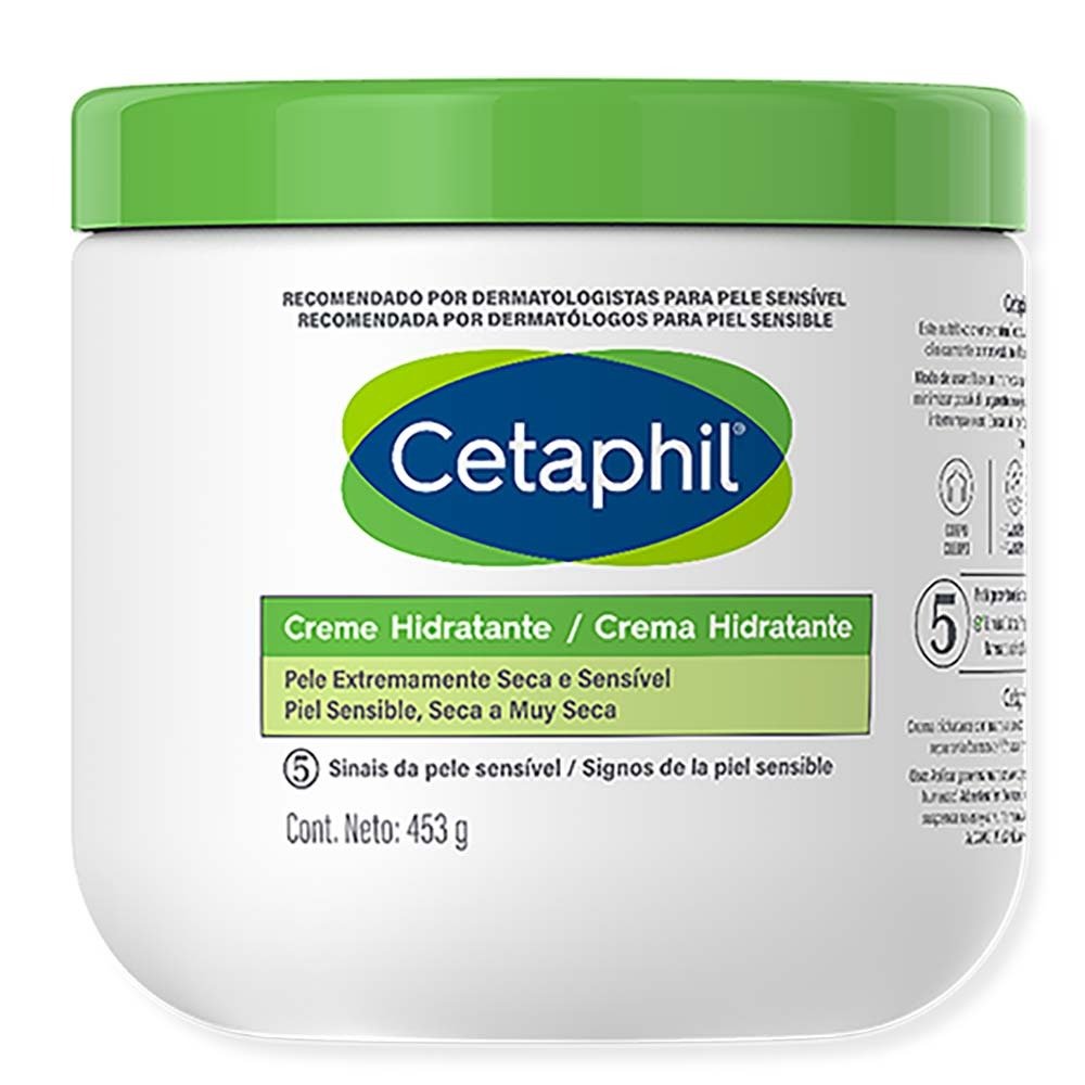 Pote branco com tampa verde de hidratantes corporais Cetaphil, indicado para pele extremamente seca e sensível, com design