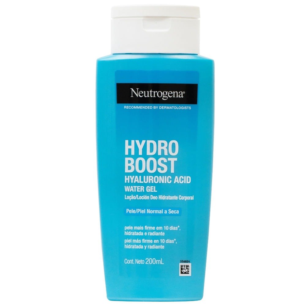 Hidratantes corporais Neutrogena Hydro Boost em embalagem azul vibrante com texto branco, sugerindo frescor e cuidado