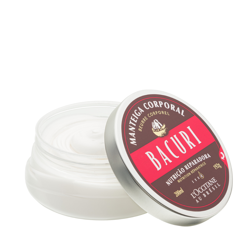 Manteiga corporal Bacuri em pote transparente com tampa prateada e rótulo vermelho e marrom, hidratantes corporais para