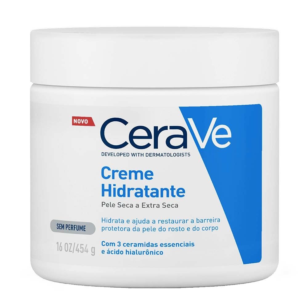 Creme hidratante CeraVe em pote branco com detalhes azuis, indicado para pele seca a extra seca, sem perfume e com ácido