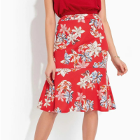Outlet - Saia Floral Vermelha com Recortes e Babado
