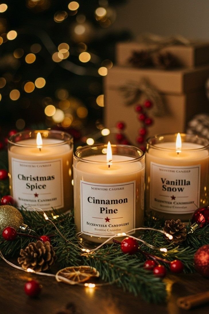 Velas aromáticas em vidro,, entre pinhas, frutas vermelhas e luzes de Natal, sugerindo o presente de natal perfeito.