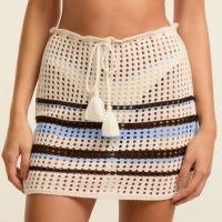Saída de Praia Saia Efeito Crochê com Listras e Tassel Off White