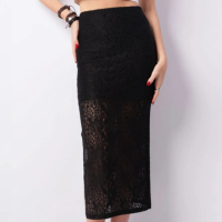 Saia Feminina Midi Renda Floral Fenda Preta