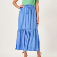 Saia Longa Jeans Color Leve Elástico Cintura Babado Azul Surf - Azul