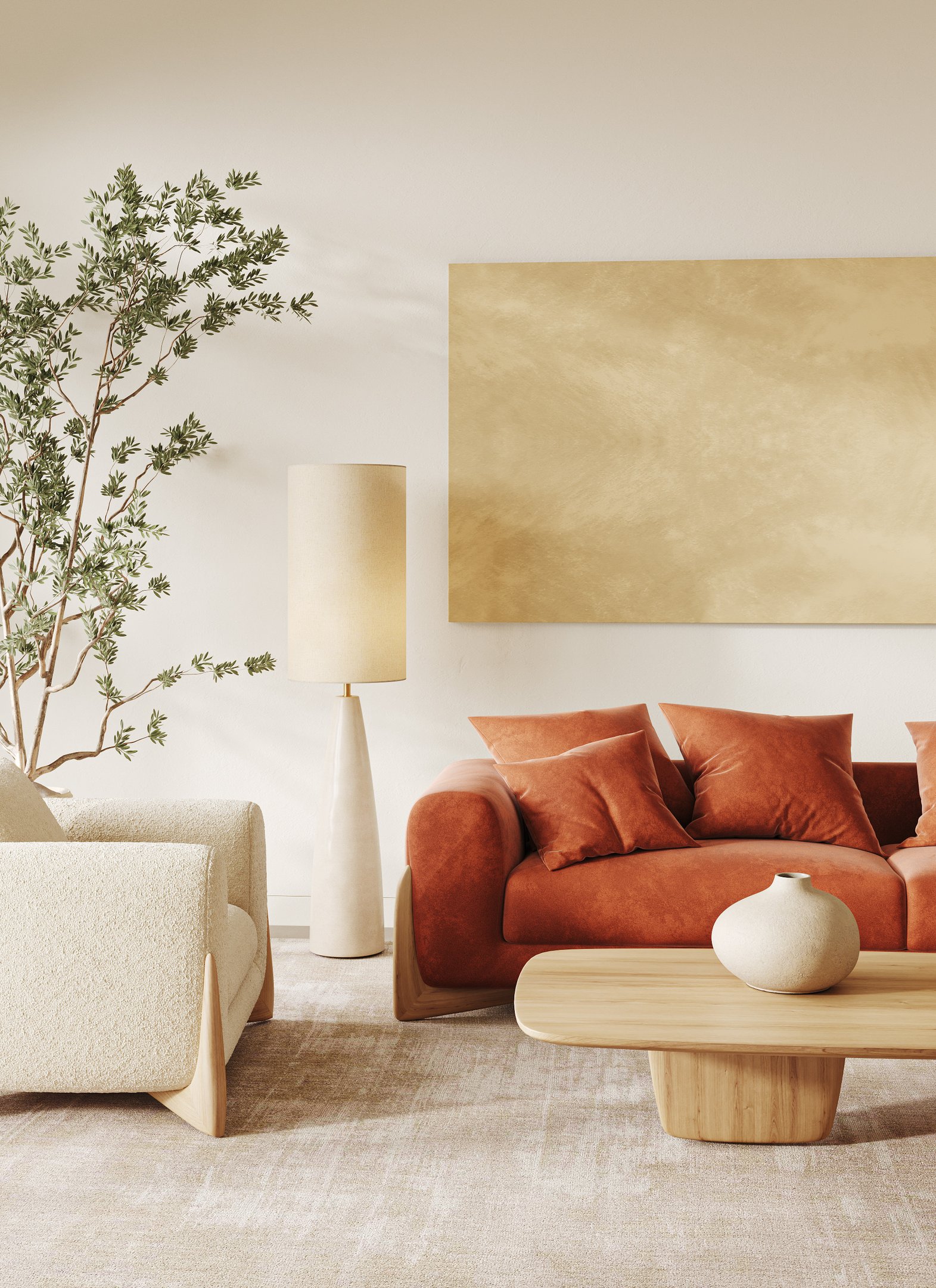 A decoração em 2026 apresenta um estilo contemporâneo e acolhedor. Um sofá vermelho-terroso, com almofadas confortáveis, é o ponto focal, complementado por uma mesa de madeira orgânica. A luminária elegante e um vaso de cerâmica adicionam sofisticação.