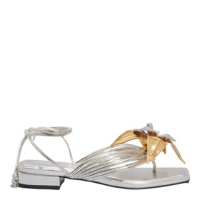 Sandália Rasteira Amarração Couro Metalizado Flor Prata