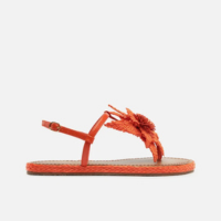 Sandália Rasteira Laranja Couro Tiras Slim Flor